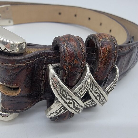 Womens BRIGHTON Belt BROWN LEATHER CROC‎ LOOK WITH SILVER Buckle Size 30 - Picture 3 of 9